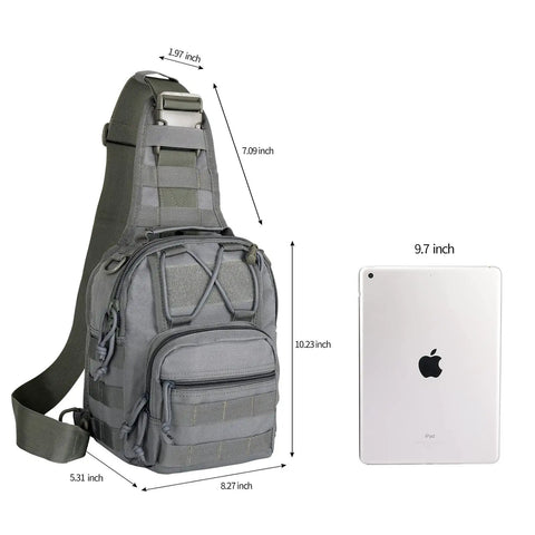 Waterproof 1000D Tactical Sling Bag For Everyday Carry And CCW with adjustable strap and front pockets next to a tablet.