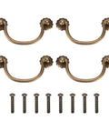 Four Brass Drawer Pulls And Knobs Set With Double Mounting Holes In Vintage Flower Ring Design 4.13 Inch Long Base with Screws