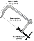 Regular Duty Bar Clamp, 8.5 Inch Capacity, 2400 Lbs Clamping Pressure, 5.5 Inch Throat Depth, metal construction, side view.