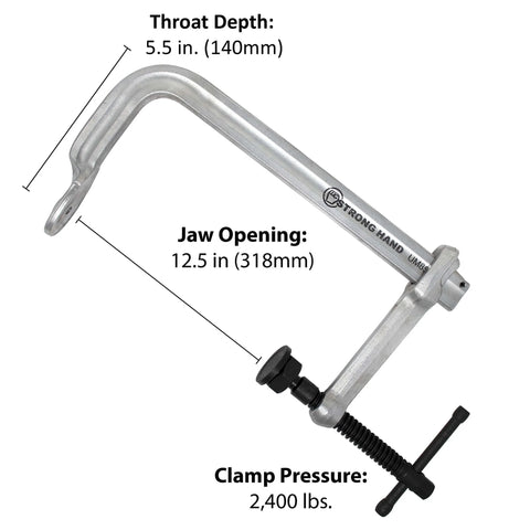 Regular Duty Bar Clamp, 8.5 Inch Capacity, 2400 Lbs Clamping Pressure, 5.5 Inch Throat Depth, metal construction, side view.