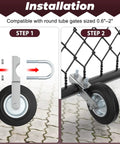 Installation steps for Heavy Duty Gate Wheels For Metal Swing And Sliding Fences mounted on a round tube gate.