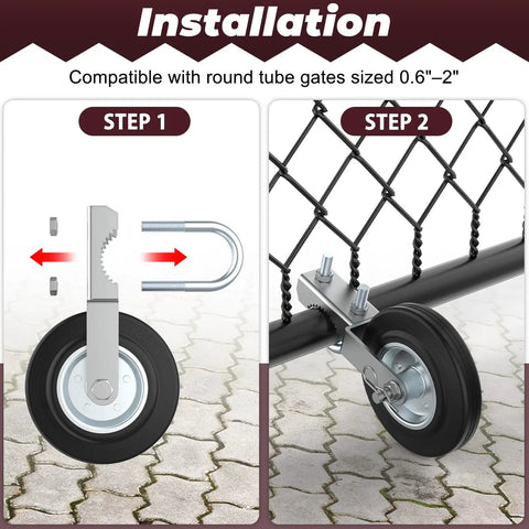 Installation steps for Heavy Duty Gate Wheels For Metal Swing And Sliding Fences mounted on a round tube gate.