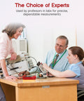 Three people using digital multimeter with test leads and backlit LCD display for measuring AC DC voltage DC current ohms resistance