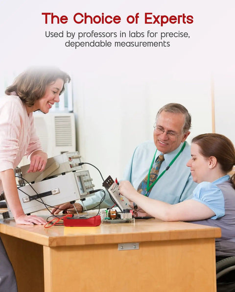 Three people using digital multimeter with test leads and backlit LCD display for measuring AC DC voltage DC current ohms resistance