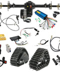 Loaded Up 48V 1000W Brushless Rear Axle Differential Kit With Badass Chrome Suspension Plus Winter Grip Tracks And Smart LCD Panel For Atv Go Kart Buggy Builds parts layout including axle, tracks, and control panel.