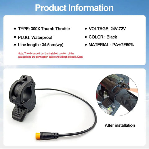 300X Thumb Throttle For 7 To 8 Inch Handlebars 22mm On Electric Bikes And Scooters, Smooth Quick Acceleration, Wide Voltage Range 12V 24V 36V 48V 60V 72V, M8 Waterproof Plug, Easy Mount On Left Or Right Handlebars