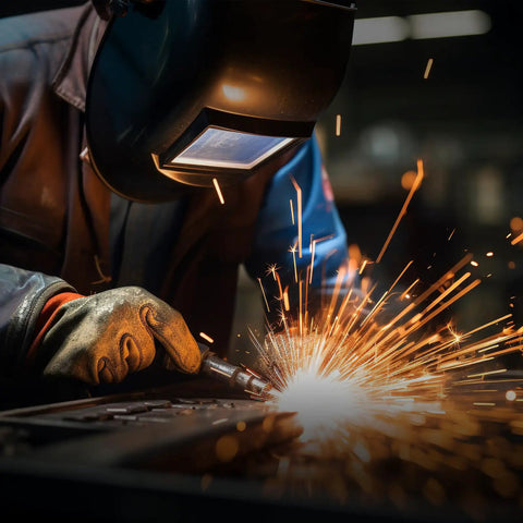Welder using 4.5 By 5.25 Inch Welding Glass Lens Pack Of 2 Hardened Glass Shield For Welding Helmets Shade 10 with sparks flying