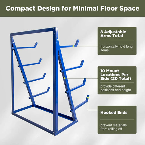 Sturdy Four Tier Shop Storage Rack With Adjustable Steel Bars For Lumber Planks And Piping with adjustable arms and compact design.