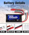 7.4V LiPo Battery 2S 30C 450mAh Rechargeable For Axial SCX24 And Most One Tenth Through One Twenty Fourth Scale RC Cars Drones