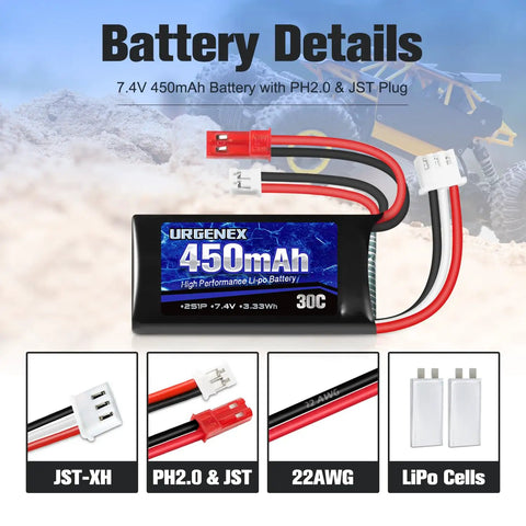 7.4V LiPo Battery 2S 30C 450mAh Rechargeable For Axial SCX24 And Most One Tenth Through One Twenty Fourth Scale RC Cars Drones