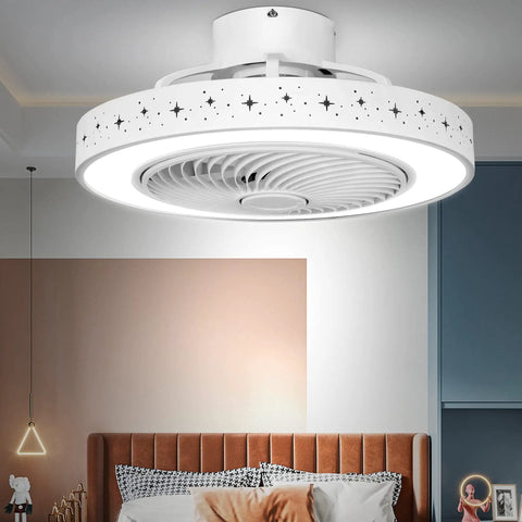 Dope Bladeless Ceiling Fan With Light for Small Spaces, 20 Inch Flush Mount in bedroom, modern white finish, star pattern design