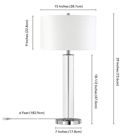 Tall 29 Inch Table Lamp With White Fabric Shade And Clear Glass Base In Polished Nickel Finish, dimensions labeled