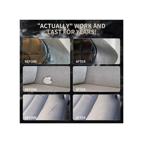 Before and after results using Leather And Vinyl Repair Gel Kit For Cars, Couches, Jackets, And Furniture on gray surfaces.