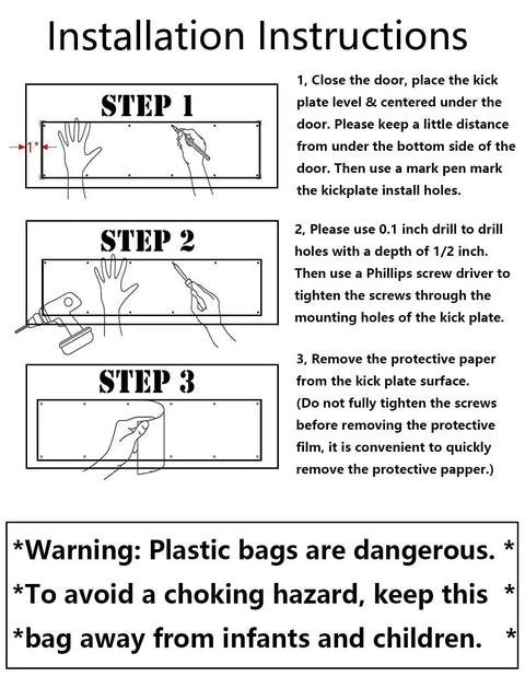 Protective Acrylic Door Kick Plate installation instructions with diagrams showing step-by-step process for 32-inch front doors