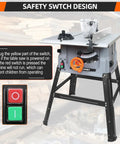 Heavy Duty 10 Inch Table Saw With 15 Amp Motor Delivers 5000 RPM Power For Ripping Through Hardwood And Pressure Treated Lumber Features quick access safety switch design.