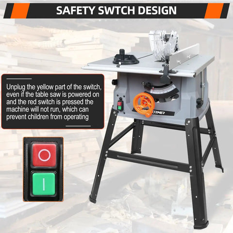 Heavy Duty 10 Inch Table Saw With 15 Amp Motor Delivers 5000 RPM Power For Ripping Through Hardwood And Pressure Treated Lumber Features quick access safety switch design.
