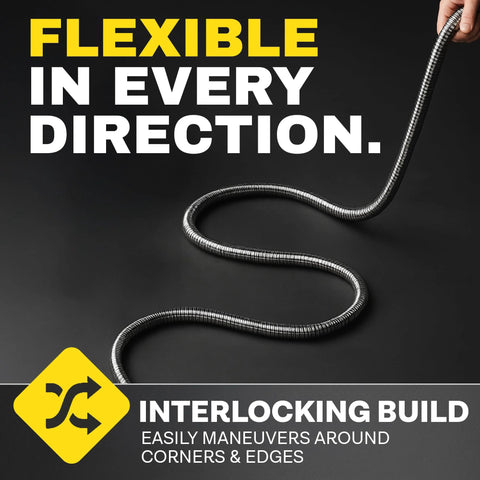 BIONIC STEEL 10 ft metal garden hose extension; flexible interlocking steel coil being held.