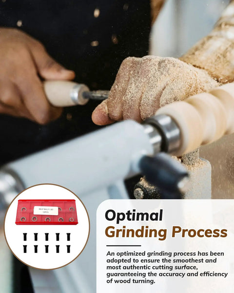 Heavy Duty 10 Pack 8.9 Mm Round Carbide Cutting Inserts For Indexable Lathe Tools in use on a wood lathe with shavings.