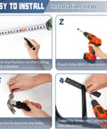 Installation steps for Two Pack Overhead Garage Storage Rack With Six J Hooks, including marking, drilling, and fastening.