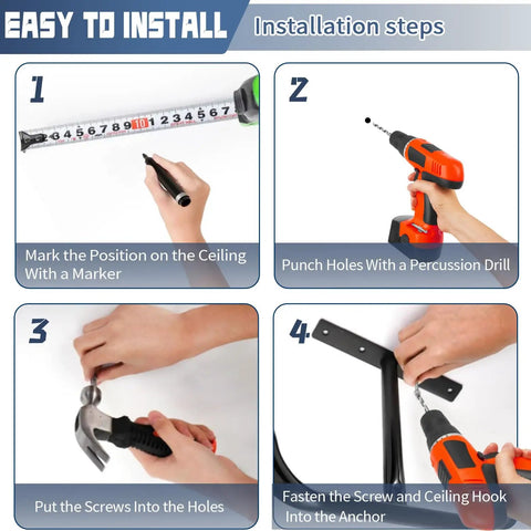 Step-by-step installation of Heavy Duty Garage Ceiling Hooks Set With 12 Hooks For Ladders, Bikes, And Tools For Pros And DIYers Overhead Rack.