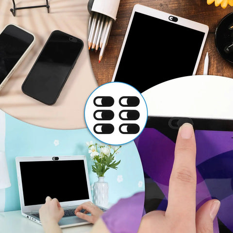 50 Pack Ultra Slim Webcam Covers Universal Laptop Phone Tablet Camera Slider Blocker on devices for privacy protection.
