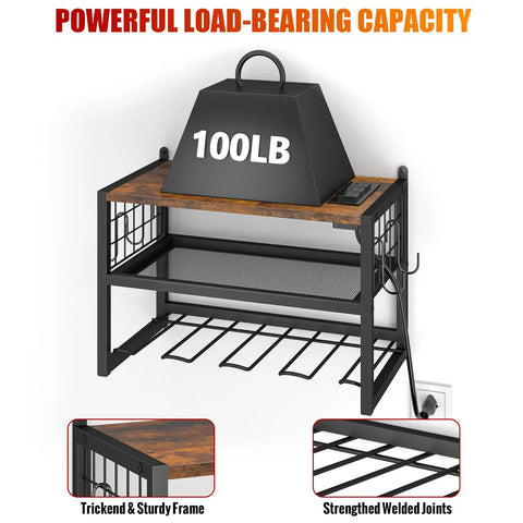 Power Tool Organizer With Built In Power Strip And 3 Outlets For Garage And Workshop, sturdy metal frame, 100lb load support