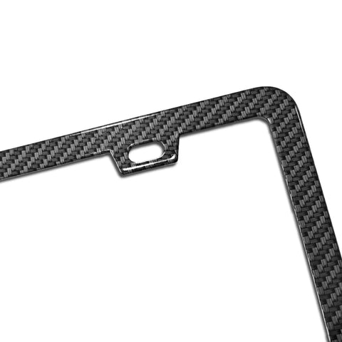 Corner view of Carbon Fiber Look License Plate Frame Made From Durable Aluminum Scratch Resistant Metal Plate Holder For Cars Universal Fit