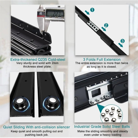 Close-up of Built Tough Heavy Duty Full Extension Drawer Slides Black 40 Inch Pair showing measurements and features.