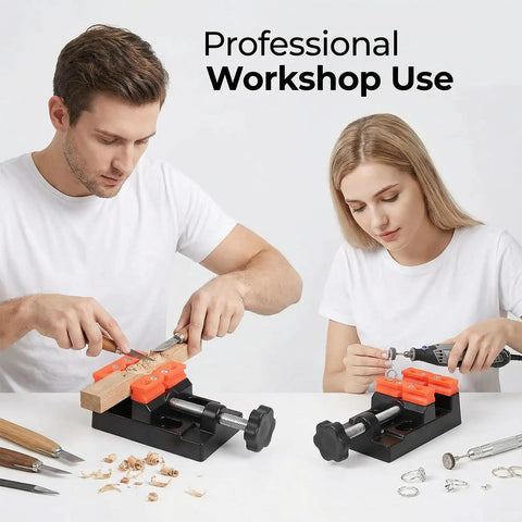 Compact Mini Bench Vise Featuring Smooth Parallel Jaw Clamping For Precision Watch Repair Sculpture Diy Carving And Home Shop Projects Built Different Heavy Duty in use by two people working on crafts.