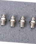 Four metal grease fittings from a Grease Zerk Fittings Kit, 45-Piece Metric Assortment With Straight, 45-Degree, And 90-Degree Angles For Bearings