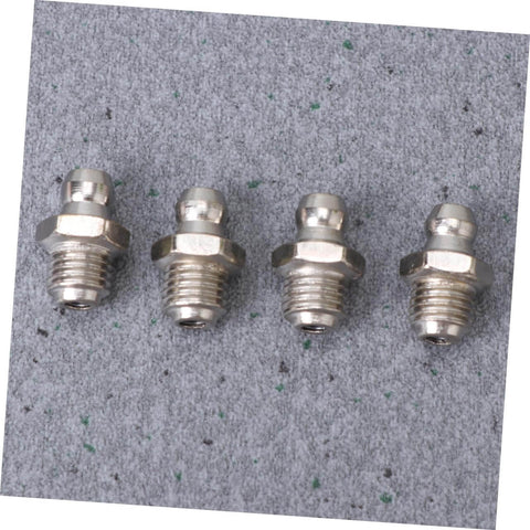 Four metal grease fittings from a Grease Zerk Fittings Kit, 45-Piece Metric Assortment With Straight, 45-Degree, And 90-Degree Angles For Bearings