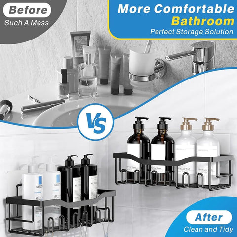 Before and after comparison of a cluttered bathroom sink and organized 5-Piece Rustproof Stainless Steel Shower Caddy Set No Drill