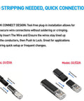 Quick connect design for 30 Pack Single Wire Plug In Connectors For 18 To 22 Gauge Wire with tool-free installation models D1/D1A, D2/D2A.