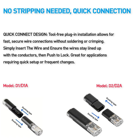 Quick connect design for 30 Pack Single Wire Plug In Connectors For 18 To 22 Gauge Wire with tool-free installation models D1/D1A, D2/D2A.