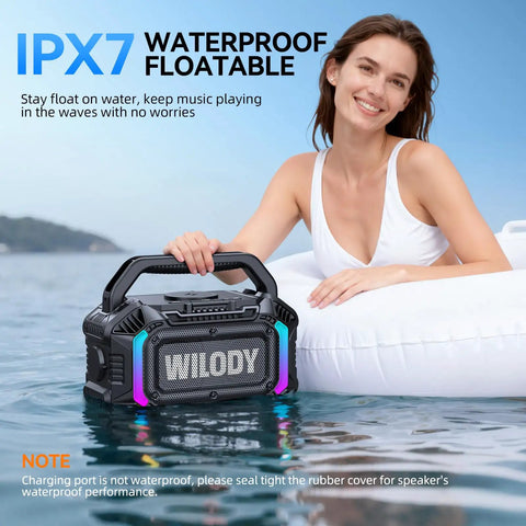 Woman using Beast 100W Bluetooth Outdoor Speaker With IPX7 Waterproof Floatable Design in pool.