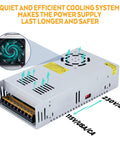 Beefy 24V 25A 600W DC Power Supply Adapter SMPS With Universal 110V 220V AC Input showing cooling system and vents.