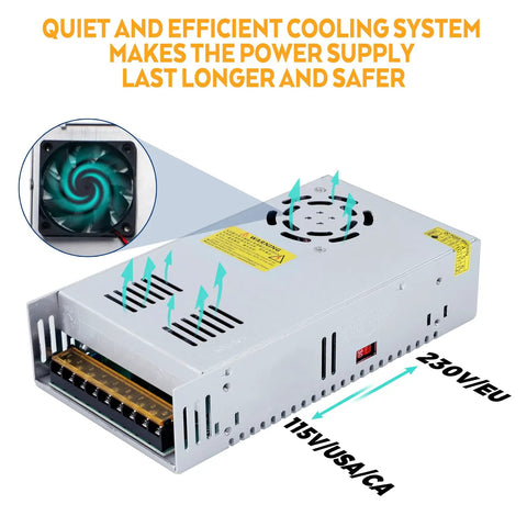 Beefy 24V 25A 600W DC Power Supply Adapter SMPS With Universal 110V 220V AC Input showing cooling system and vents.