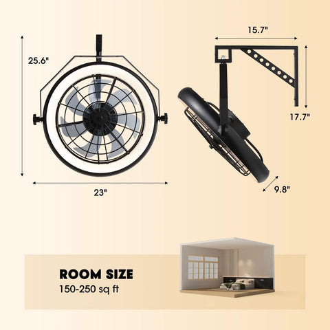 Dimensions of Wall Mounted Fan With Lights 23 Inch Remote And App Control 6 Speeds Dimmable 3 CCT Reversible 360 Degree Tilt