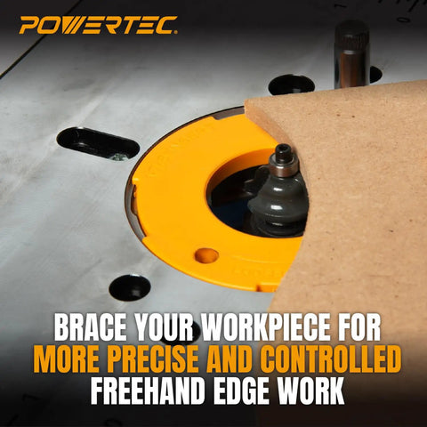 Ready To Rumble Benchtop Router Table With Beefed Up Metal Stand And Precision Adjustable Fence Kit For Quick Woodworking Cuts On 24X16 MDF Surface Aluminum Insert Plate with router bit close-up.