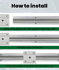 Beefy 600mm SBR25 Linear Rail Kit With 2 Rails And 4 SBR25UU Blocks installation guide showing alignment and sliding steps.