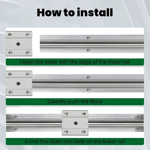 Beefy 600mm SBR25 Linear Rail Kit With 2 Rails And 4 SBR25UU Blocks installation guide showing alignment and sliding steps.