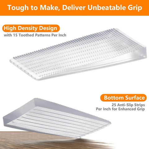 Close-up of Clear Flexible Plastic Shim Kit 12pc with toothed and anti-slip surface for home improvement leveling projects.