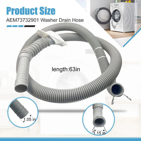 Washer drain hose replacement, gray corrugated hose, 63-inch length with end fittings for LG/Kenmore washers