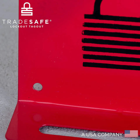 Close-up of red Real Tough Heavy Duty Lockout Tagout Locks Station corner, highlighting powder-coated steel construction.