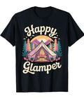 Glamping Art Tee For Men And Women Outdoorsy RV Campers And Glamper Lovers Kids Family Shirt Graphic Top For Adventurous Nature Fans Camping Gear Must Have Comfortable Fit, black T-shirt with colorful tent design.