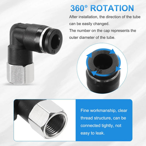 Five Pack Pro Grade Pneumatic Female Elbow Fittings One Quarter Inch Tube Outer Diameter By One Eighth Inch NPT 90 Degree Push To Connect Air Tubing Quick Connect For Pneumatic Machines Black showing 360-degree rotation feature