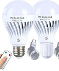 Rechargeable Light Bulb With Remote 2 Pack For Home And Outdoors, Emergency Battery Backup Bulbs, hand holding remote, bulbs close-up