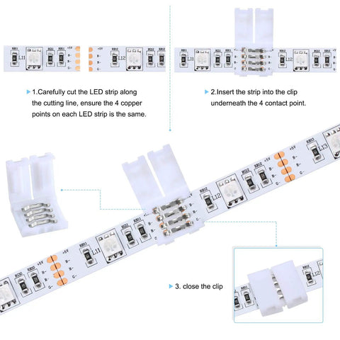 LED Strip Lights Connectors Kit 40 Pieces L Shape T Shape 4 Pin Solderless Adapters For 5050 RGB instructions on connecting strips