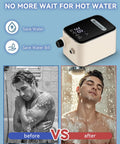 Smart Instant Hot Water Recirculating Pump Kit With Built In Thermostat And Digital Timer Under Sink Circulator System For Tank Heaters Packing Serious Heat comparison showing before and after hot water experience.