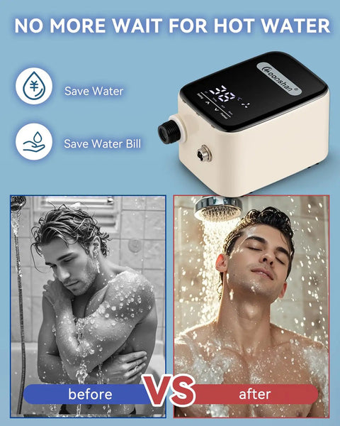 Smart Instant Hot Water Recirculating Pump Kit With Built In Thermostat And Digital Timer Under Sink Circulator System For Tank Heaters Packing Serious Heat comparison showing before and after hot water experience.